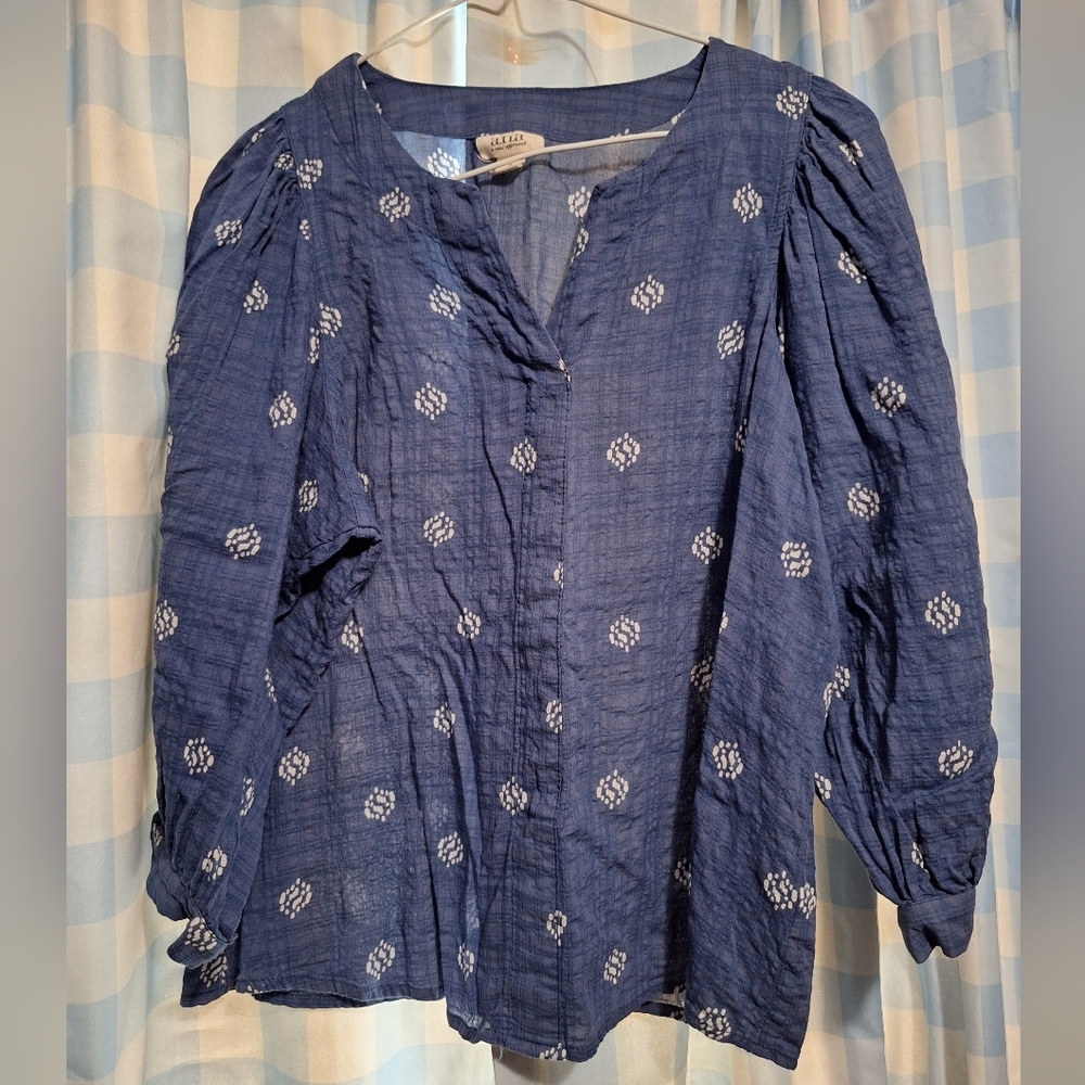 A.N.A Women's Blue Blouse with White Pattern